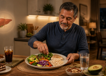 Hombre adulto cenando un plato con verduras, ensalada, arroz integral y una porción de alimento a la plancha, junto a agua, aguacate, frutos secos y aceite de oliva; a un lado aparecen refresco, frituras y pastel, con una ilustración del hígado al fondo.