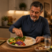 Hombre adulto cenando un plato con verduras, ensalada, arroz integral y una porción de alimento a la plancha, junto a agua, aguacate, frutos secos y aceite de oliva; a un lado aparecen refresco, frituras y pastel, con una ilustración del hígado al fondo.