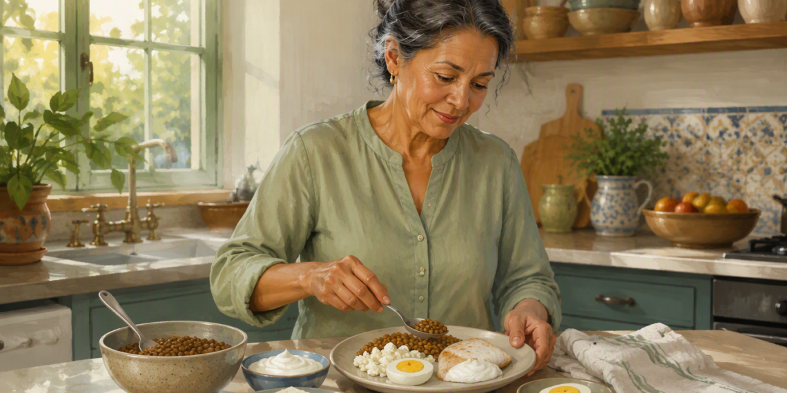 Mujer mayor preparando un plato con lentejas, huevo, queso y una porción de pescado en una cocina luminosa, con varios alimentos ricos en proteína sobre la mesa.