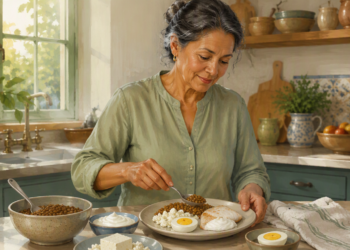 Mujer mayor preparando un plato con lentejas, huevo, queso y una porción de pescado en una cocina luminosa, con varios alimentos ricos en proteína sobre la mesa.