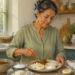 Mujer mayor preparando un plato con lentejas, huevo, queso y una porción de pescado en una cocina luminosa, con varios alimentos ricos en proteína sobre la mesa.
