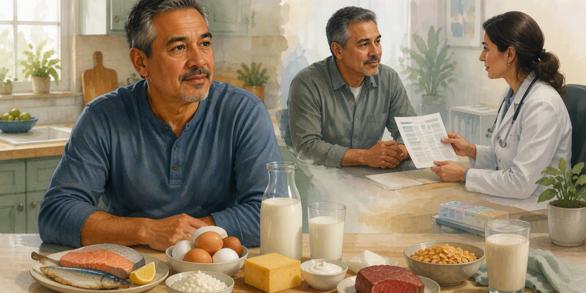 Hombre mayor sentado ante una mesa con pescado, huevos, leche, queso, yogur y carne, mientras al fondo conversa con una profesional sanitaria que le muestra un documento.