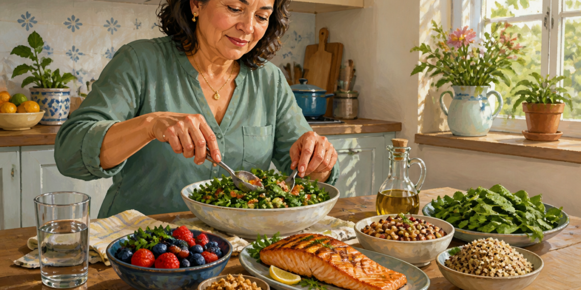 Mujer mayor preparando una ensalada en una cocina luminosa, rodeada de salmón, frutos rojos, legumbres, quinoa, hojas verdes, nueces y aceite de oliva.