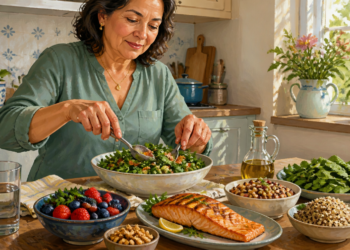 Mujer mayor preparando una ensalada en una cocina luminosa, rodeada de salmón, frutos rojos, legumbres, quinoa, hojas verdes, nueces y aceite de oliva.