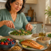 Mujer mayor preparando una ensalada en una cocina luminosa, rodeada de salmón, frutos rojos, legumbres, quinoa, hojas verdes, nueces y aceite de oliva.