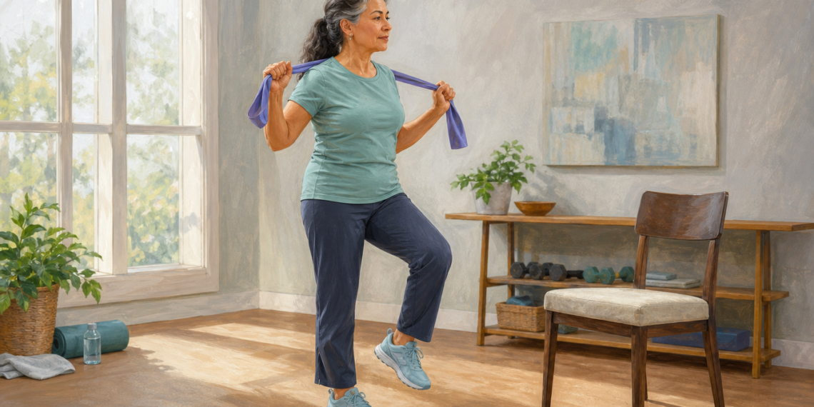 Mujer mayor realizando un ejercicio de equilibrio en casa con una banda elástica apoyada sobre los hombros y una pierna elevada.