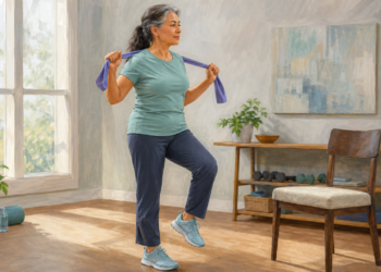 Mujer mayor realizando un ejercicio de equilibrio en casa con una banda elástica apoyada sobre los hombros y una pierna elevada.