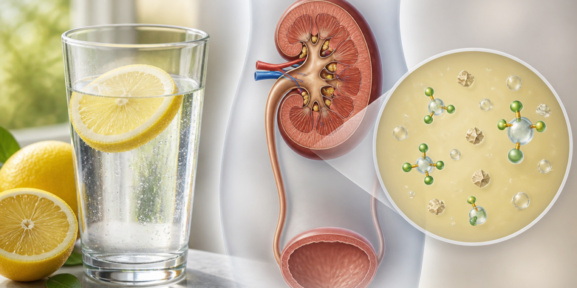 Vaso de agua con rodajas de limón junto a una ilustración del aparato urinario con un riñón en corte y un detalle ampliado de partículas y cristales presentes en el líquido.