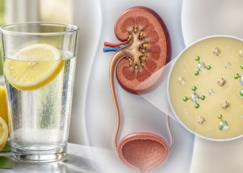 Vaso de agua con rodajas de limón junto a una ilustración del aparato urinario con un riñón en corte y un detalle ampliado de partículas y cristales presentes en el líquido.
