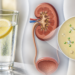 Vaso de agua con rodajas de limón junto a una ilustración del aparato urinario con un riñón en corte y un detalle ampliado de partículas y cristales presentes en el líquido.