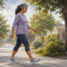 Mujer mayor caminando por una acera arbolada en un barrio residencial, con ropa deportiva y zapatillas, en una escena relacionada con caminar y la movilidad de las rodillas.