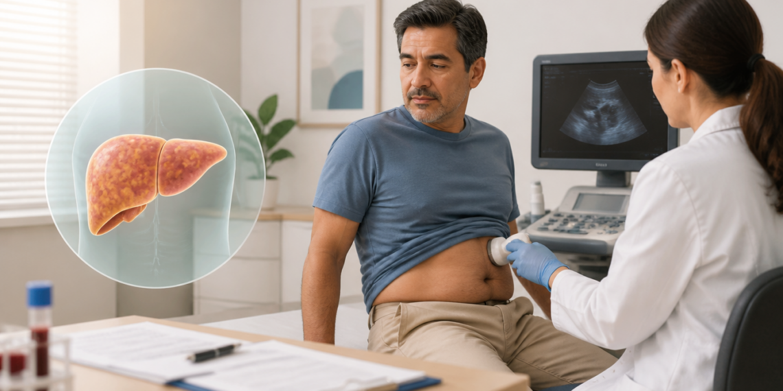 Hombre adulto durante una ecografía abdominal realizada por una profesional de salud, con una imagen del hígado destacada a un lado y muestras de sangre sobre la mesa.