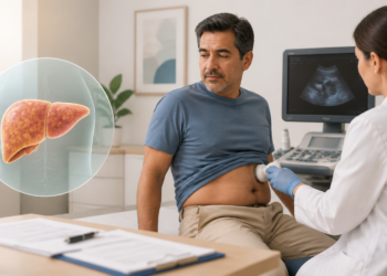 Hombre adulto durante una ecografía abdominal realizada por una profesional de salud, con una imagen del hígado destacada a un lado y muestras de sangre sobre la mesa.