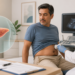 Hombre adulto durante una ecografía abdominal realizada por una profesional de salud, con una imagen del hígado destacada a un lado y muestras de sangre sobre la mesa.