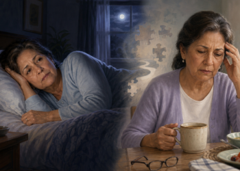 Composición de una mujer mayor despierta en la cama durante la noche y la misma mujer sentada a la mesa por la mañana con gesto de cansancio y una mano en la cabeza.