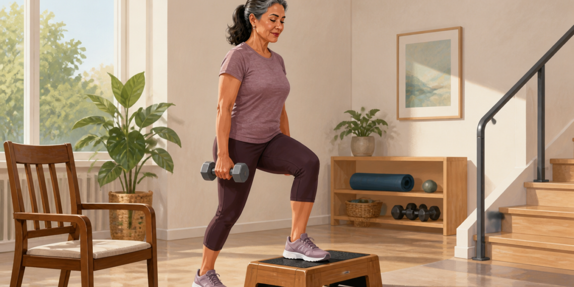 Mujer mayor haciendo ejercicio de fuerza en casa con mancuernas y un banco de step, con un pie apoyado sobre la plataforma y el otro en el suelo.