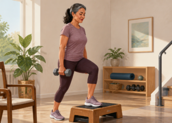 Mujer mayor haciendo ejercicio de fuerza en casa con mancuernas y un banco de step, con un pie apoyado sobre la plataforma y el otro en el suelo.