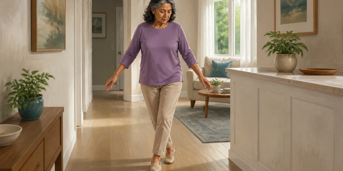 Mujer mayor caminando en línea recta dentro de casa, colocando un pie delante del otro con los brazos ligeramente abiertos para mantener el equilibrio.
