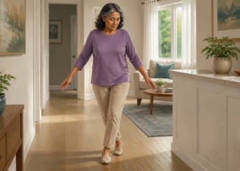 Mujer mayor caminando en línea recta dentro de casa, colocando un pie delante del otro con los brazos ligeramente abiertos para mantener el equilibrio.