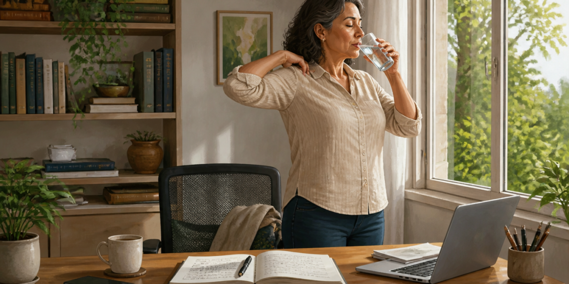 Mujer adulta bebiendo agua junto a una ventana durante una pausa de trabajo, con un cuaderno abierto, un portátil, una taza y un teléfono sobre el escritorio.