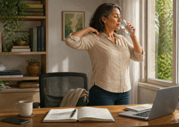 Mujer adulta bebiendo agua junto a una ventana durante una pausa de trabajo, con un cuaderno abierto, un portátil, una taza y un teléfono sobre el escritorio.
