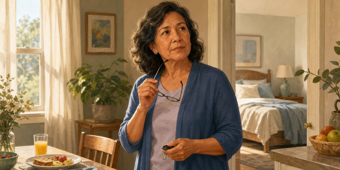 Mujer mayor de pie en casa sosteniendo unas gafas cerca del rostro y un pequeño objeto en la otra mano, con expresión pensativa junto a una mesa con desayuno.