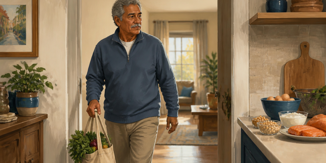 Hombre mayor caminando por su casa con una bolsa de verduras en la mano, junto a una cocina donde hay huevos, frutos secos, yogur y salmón sobre la encimera.