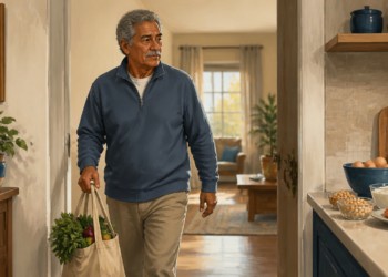 Hombre mayor caminando por su casa con una bolsa de verduras en la mano, junto a una cocina donde hay huevos, frutos secos, yogur y salmón sobre la encimera.