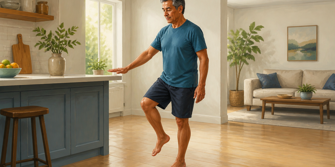 Hombre mayor practicando equilibrio en casa sobre una sola pierna, con una mano extendida cerca de la encimera de la cocina para mantener la estabilidad.