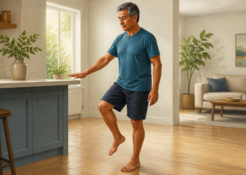 Hombre mayor practicando equilibrio en casa sobre una sola pierna, con una mano extendida cerca de la encimera de la cocina para mantener la estabilidad.
