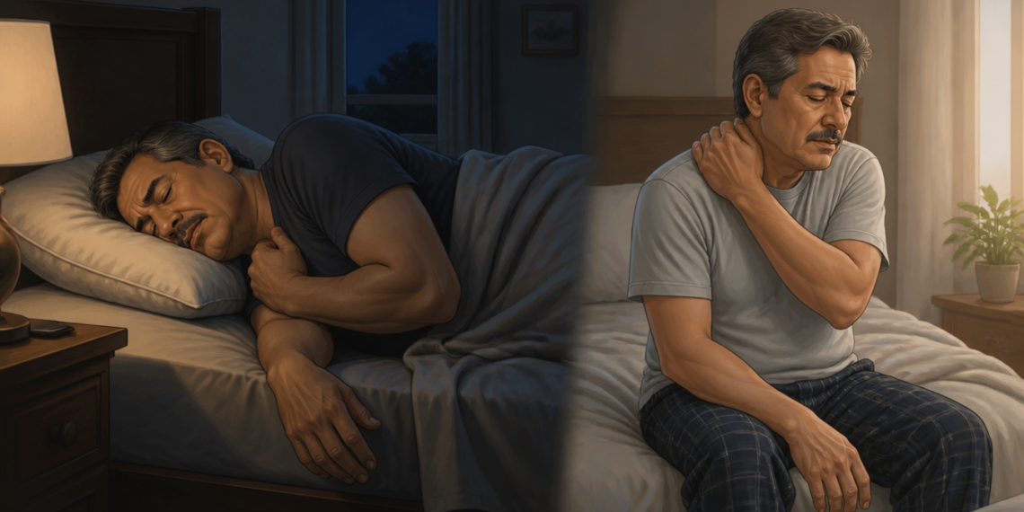 Composición dividida de un hombre mayor durmiendo de lado por la noche y, a la mañana siguiente, sentado en la cama con la mano en el cuello por molestias.