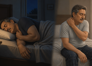 Composición dividida de un hombre mayor durmiendo de lado por la noche y, a la mañana siguiente, sentado en la cama con la mano en el cuello por molestias.