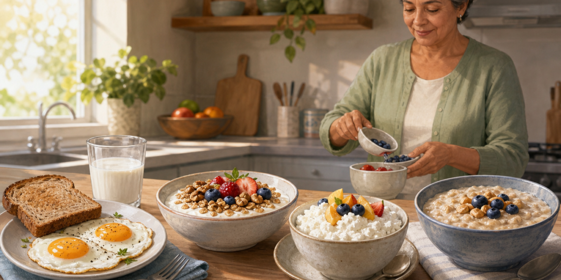 Mujer mayor preparando un desayuno en la cocina con yogur y frutos rojos, junto a huevos, pan integral, leche, avena y queso fresco.