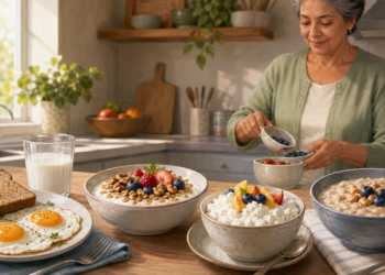 Mujer mayor preparando un desayuno en la cocina con yogur y frutos rojos, junto a huevos, pan integral, leche, avena y queso fresco.