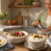 Mujer mayor preparando un desayuno en la cocina con yogur y frutos rojos, junto a huevos, pan integral, leche, avena y queso fresco.