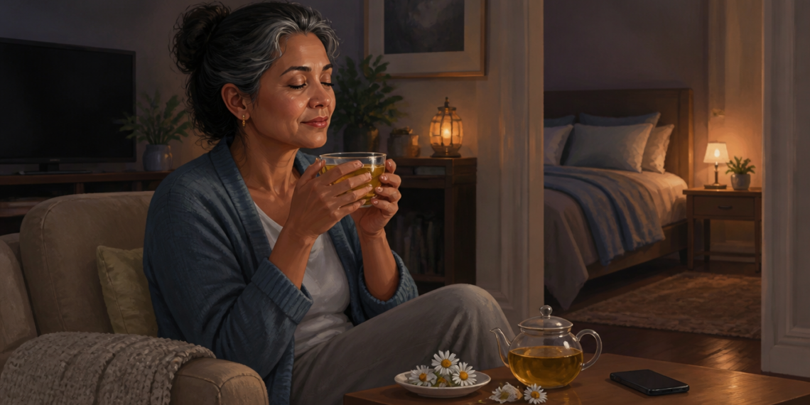 Mujer mayor sentada en un sillón por la noche, sosteniendo una taza de infusión con los ojos cerrados, junto a una tetera, flores y un dormitorio iluminado al fondo.