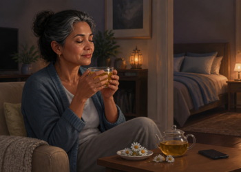 Mujer mayor sentada en un sillón por la noche, sosteniendo una taza de infusión con los ojos cerrados, junto a una tetera, flores y un dormitorio iluminado al fondo.
