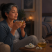 Mujer mayor sentada en un sillón por la noche, sosteniendo una taza de infusión con los ojos cerrados, junto a una tetera, flores y un dormitorio iluminado al fondo.