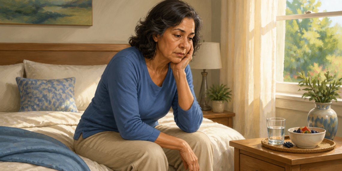 Mujer mayor sentada en el borde de la cama con expresión de cansancio, apoyando la cara en una mano junto a un vaso de agua y un cuenco con fruta.