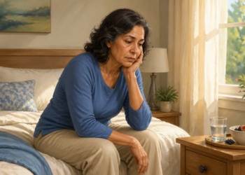 Mujer mayor sentada en el borde de la cama con expresión de cansancio, apoyando la cara en una mano junto a un vaso de agua y un cuenco con fruta.