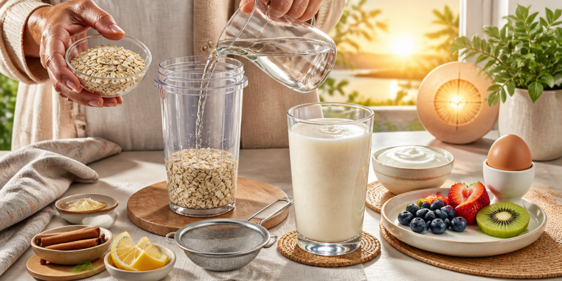 Preparación de agua de avena en una cocina, con copos de avena en una batidora mientras se vierte agua, acompañados de un vaso con la bebida, frutas, yogur, huevo, limón y canela.