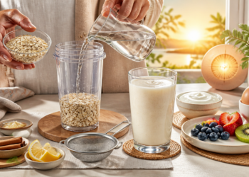 Preparación de agua de avena en una cocina, con copos de avena en una batidora mientras se vierte agua, acompañados de un vaso con la bebida, frutas, yogur, huevo, limón y canela.