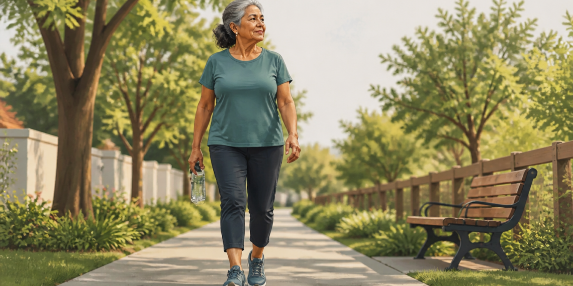 Mujer mayor caminando por un sendero arbolado al aire libre con ropa deportiva y una botella de agua en la mano.