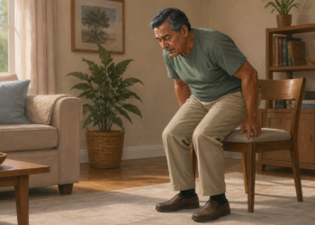 Hombre mayor levantándose con esfuerzo de una silla en una sala de estar, apoyando las manos para incorporarse y mostrando dificultad al ponerse de pie.