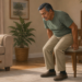 Hombre mayor levantándose con esfuerzo de una silla en una sala de estar, apoyando las manos para incorporarse y mostrando dificultad al ponerse de pie.