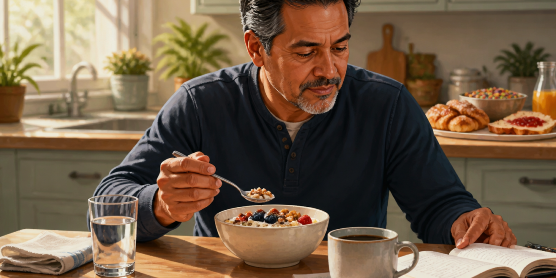 Hombre mayor desayunando un cuenco con cereales, frutos rojos y frutos secos junto a un vaso de agua, una taza de café y un libro abierto en una cocina luminosa.