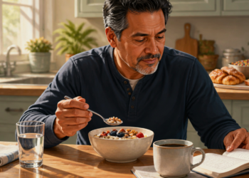 Hombre mayor desayunando un cuenco con cereales, frutos rojos y frutos secos junto a un vaso de agua, una taza de café y un libro abierto en una cocina luminosa.
