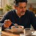 Hombre mayor desayunando un cuenco con cereales, frutos rojos y frutos secos junto a un vaso de agua, una taza de café y un libro abierto en una cocina luminosa.