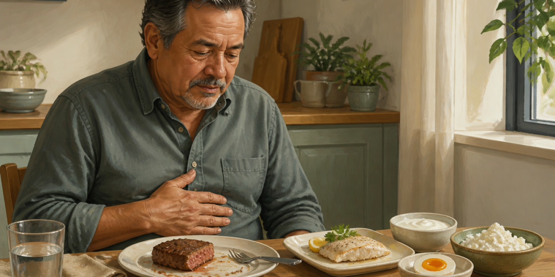Hombre mayor sentado a la mesa con una mano sobre el abdomen, frente a varios platos con proteínas como pescado, huevo, queso fresco y un trozo de carne.
