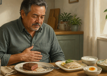 Hombre mayor sentado a la mesa con una mano sobre el abdomen, frente a varios platos con proteínas como pescado, huevo, queso fresco y un trozo de carne.